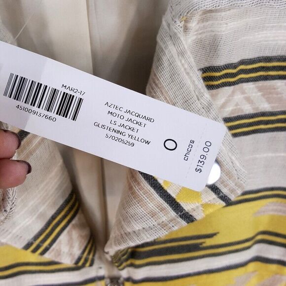 CHICOS Womens Jacket Size 0 Small Yellow Gray Moto Zip Up Aztec Jacquard - Picture 3 of 8